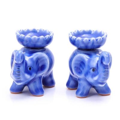 Alternate image for Celadon Ceramic Elephant Incense Holders in Blue Pair Baby Elephants in Blue