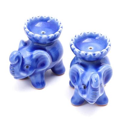 Alternate image for Celadon Ceramic Elephant Incense Holders in Blue Pair Baby Elephants in Blue