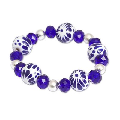 Alternate image for Ceramic Puebla Bead, Blue and Silver Stretch Bracelet Indigo Twilight