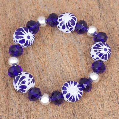 Alternate image for Ceramic Puebla Bead, Blue and Silver Stretch Bracelet Indigo Twilight