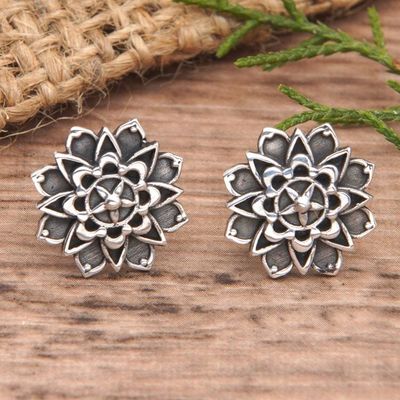 Primary image for Oxidized Sterling Silver Flower Chakra Button Earrings Magical Chakra