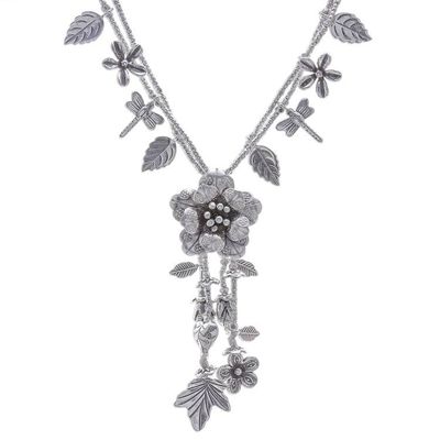 Alternate image for Nature-Themed 950 Silver Y-Necklace from Thailand Garden Beauty