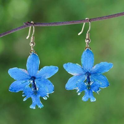 Alternate image for Natural Cerulean Orchid Dangle Earrings with Golden Hooks Luxurious Cerulean
