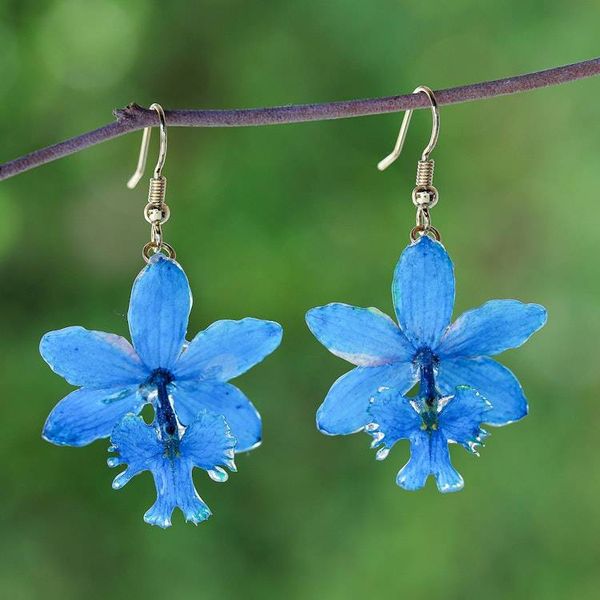 Alternate image for Natural Cerulean Orchid Dangle Earrings with Golden Hooks Luxurious Cerulean