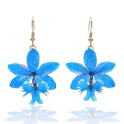 Alternate image for Natural Cerulean Orchid Dangle Earrings with Golden Hooks Luxurious Cerulean
