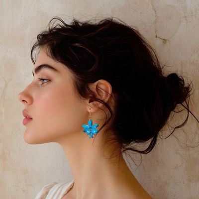 Alternate image for Natural Cerulean Orchid Dangle Earrings with Golden Hooks Luxurious Cerulean