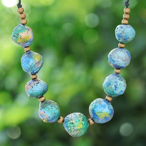 Alternate image for Painted Recycled Paper and Brass Beaded Necklace in Blue Planetary Blue