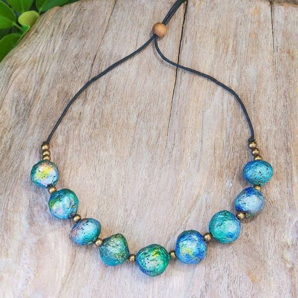 Alternate image for Painted Recycled Paper and Brass Beaded Necklace in Blue Planetary Blue