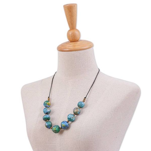 Alternate image for Painted Recycled Paper and Brass Beaded Necklace in Blue Planetary Blue