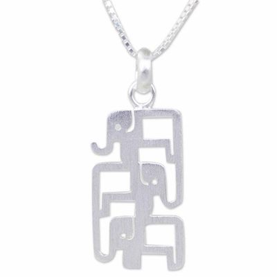 Alternate image for Brushed Sterling Silver Three-Elephant Pendant Necklace Elephant Pyramid