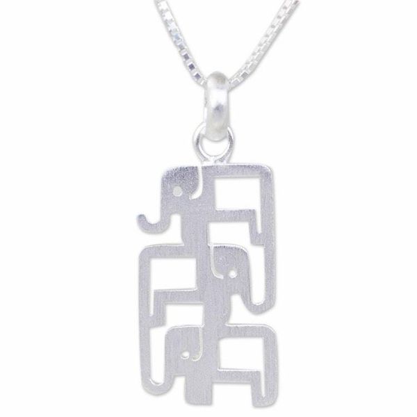 Alternate image for Brushed Sterling Silver Three-Elephant Pendant Necklace Elephant Pyramid