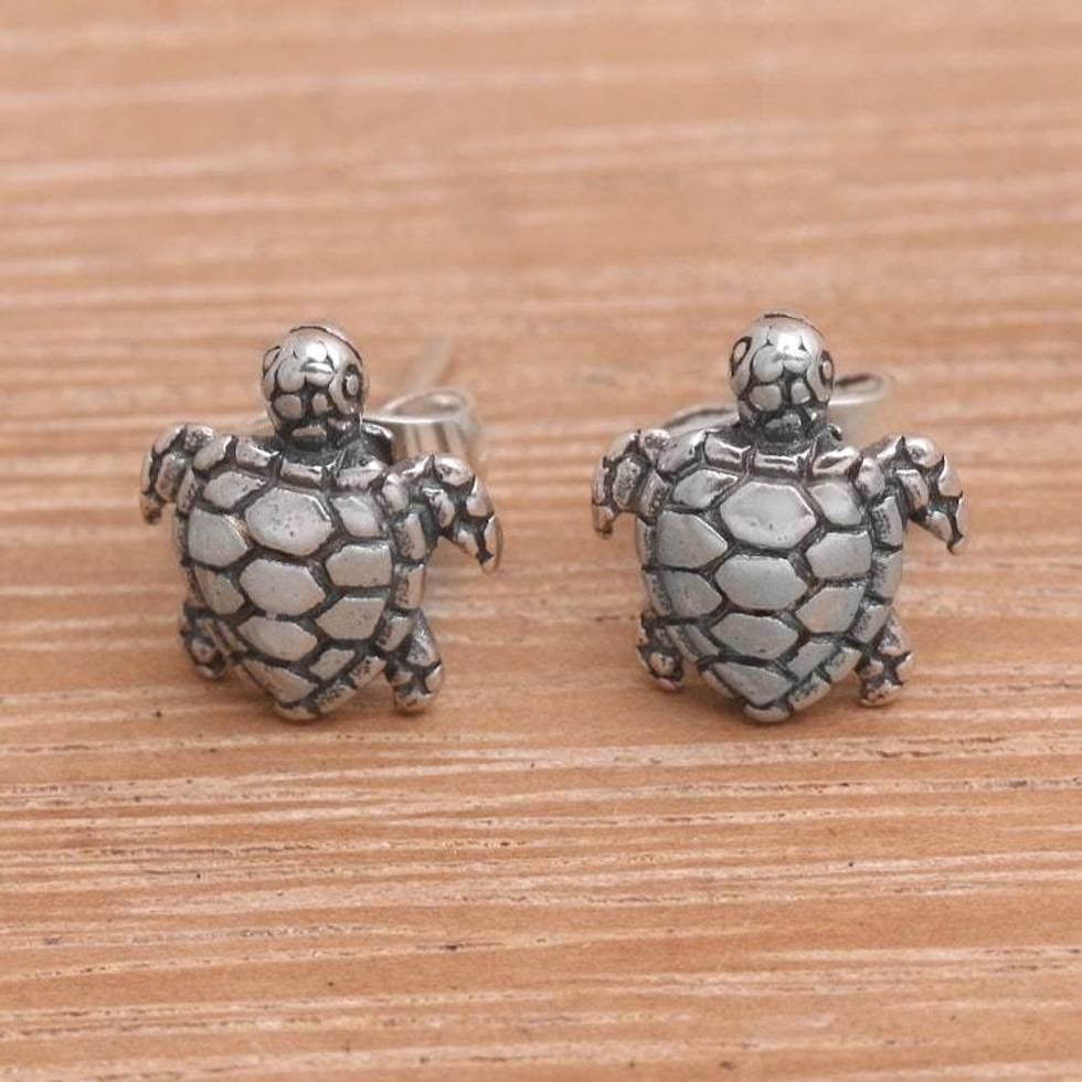 Artisan Made Sterling Silver Turtle Stud Earrings from Bali 'Sweet Shells'