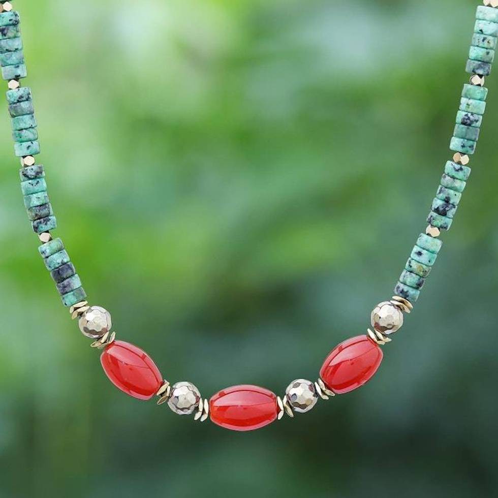 Gold-Accented Hematite and Carnelian Beaded Necklace 'Away We Go'