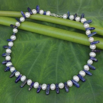 Primary image for Beaded Lapis Lazuli and Pearl Necklace from Thailand Devoted Love