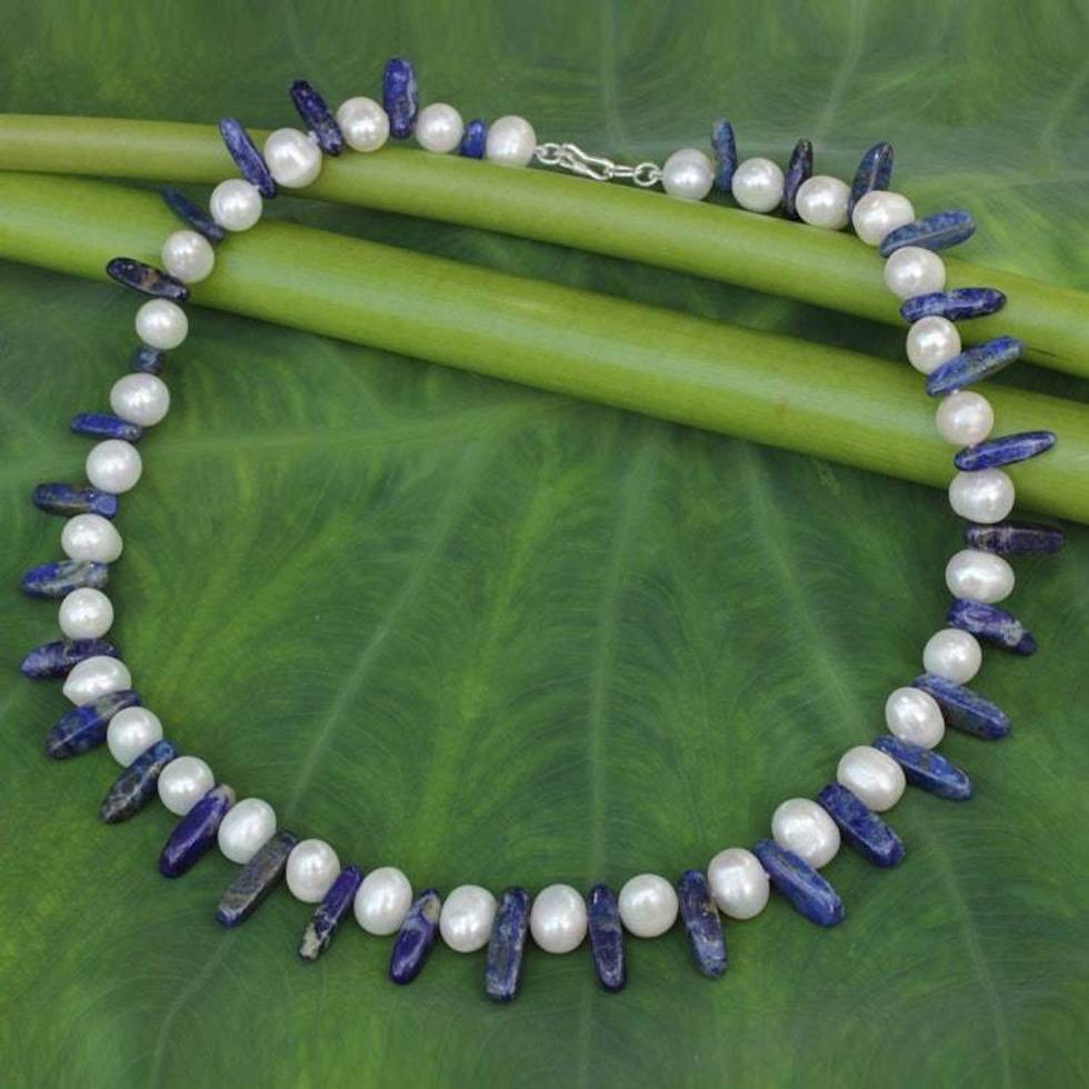 Beaded Lapis Lazuli and Pearl Necklace from Thailand 'Devoted Love'