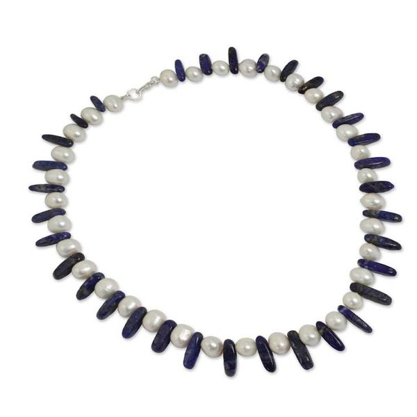 Alternate image for Beaded Lapis Lazuli and Pearl Necklace from Thailand Devoted Love