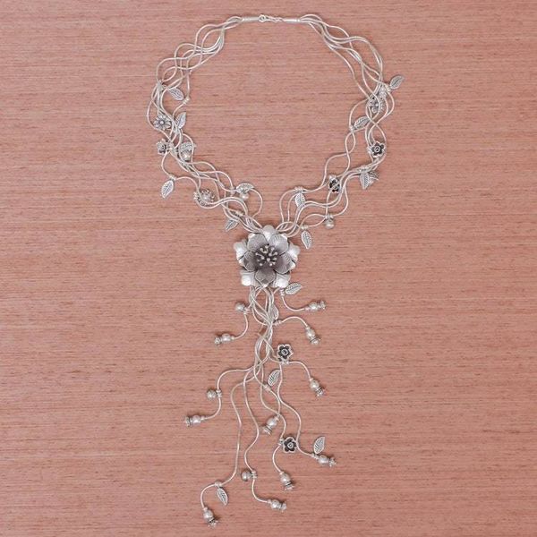 Alternate image for Stunning Floral Cascading Y-Necklace in 950 Silver Flowery Cascade