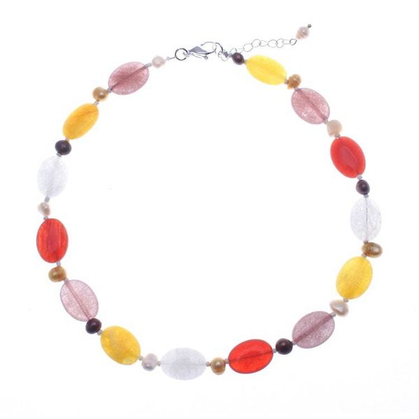 Alternate image for Colorful Quartz Cultured Pearl and Glass Beaded Necklace Spring Tangerine
