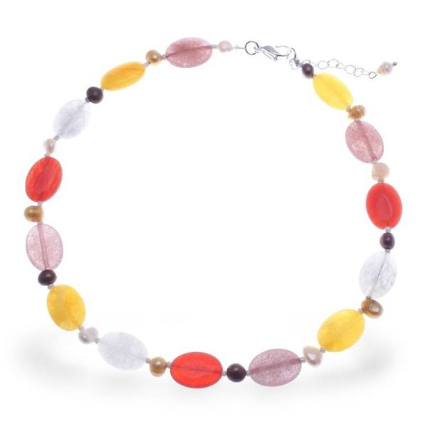 Alternate image for Colorful Quartz Cultured Pearl and Glass Beaded Necklace Spring Tangerine