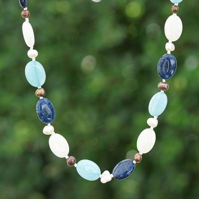 Primary image for Blue White Quartz Cultured Pearl and Glass Beaded Necklace Wintertime Sky