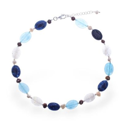 Alternate image for Blue White Quartz Cultured Pearl and Glass Beaded Necklace Wintertime Sky