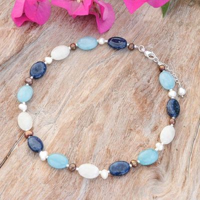 Alternate image for Blue White Quartz Cultured Pearl and Glass Beaded Necklace Wintertime Sky