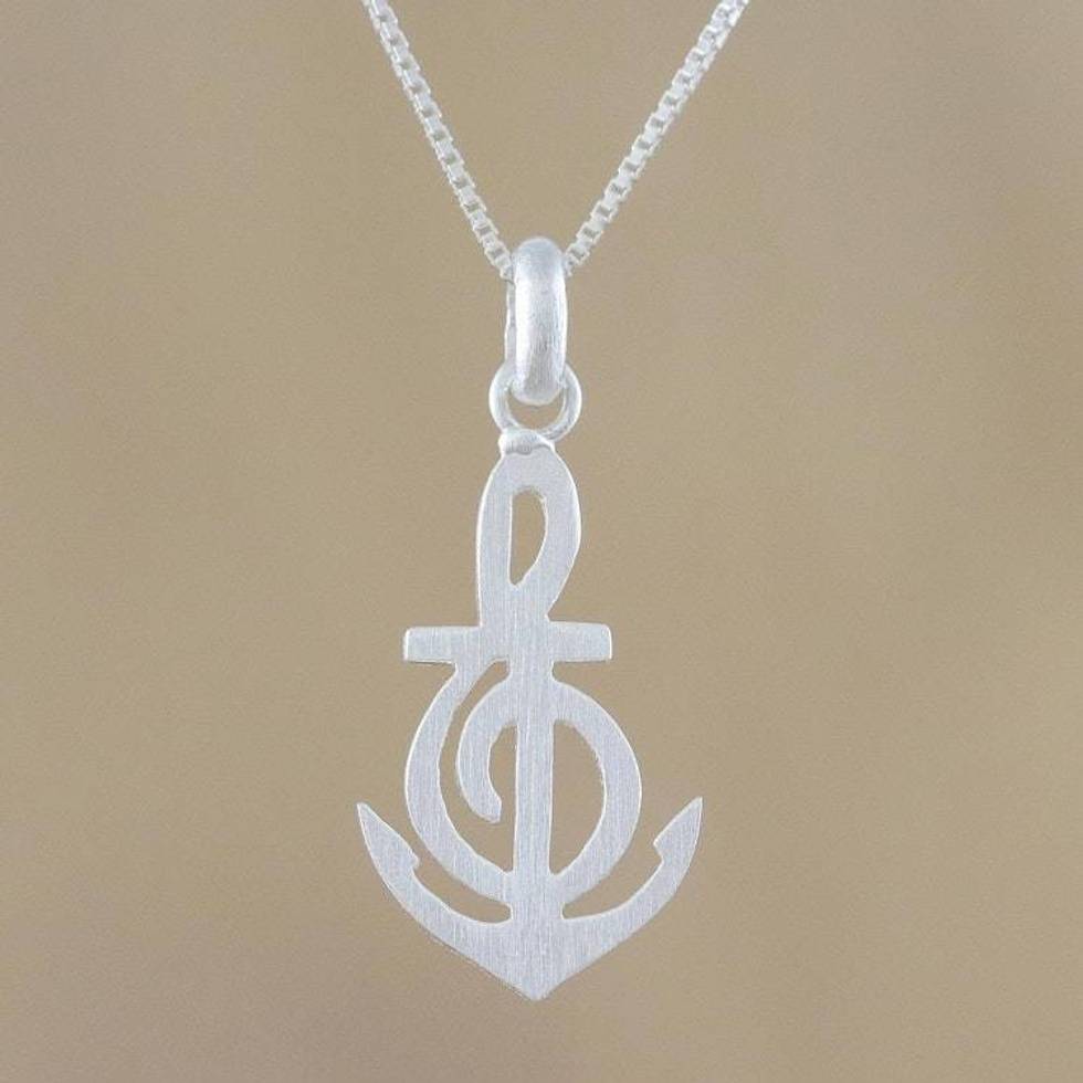Music-Themed Sterling Silver Pendant Necklace from Thailand 'Musical Anchor'