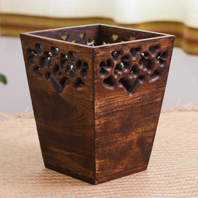 Alternate image for Natural Brown Teak Wood Bin Crafted in Thailand Fine Farewell