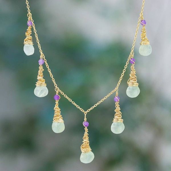 Alternate image for 24k Gold-Plated Prehnite and Amethyst Waterfall Necklace Wise Bliss