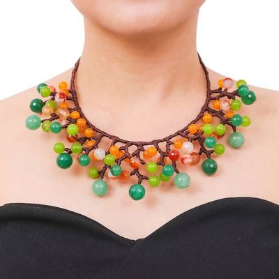 Alternate image for Green and Orange Multi-Gemstone Waterfall Choker Necklace Forest Bubbles