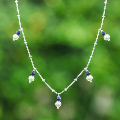 Primary image for Silver Charm Necklace with Lapis Lazuli and Cultured Pearls Celestial Luster