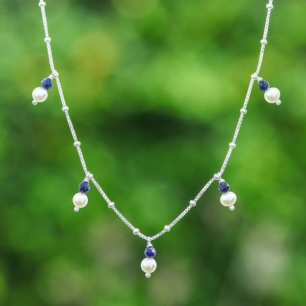 Alternate image for Silver Charm Necklace with Lapis Lazuli and Cultured Pearls Celestial Luster