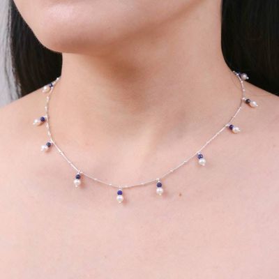 Alternate image for Silver Charm Necklace with Lapis Lazuli and Cultured Pearls Celestial Luster