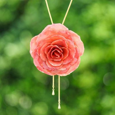 Primary image for Gold and Genuine Pink Rose Necklace from Thailand Garden Rose in Pink