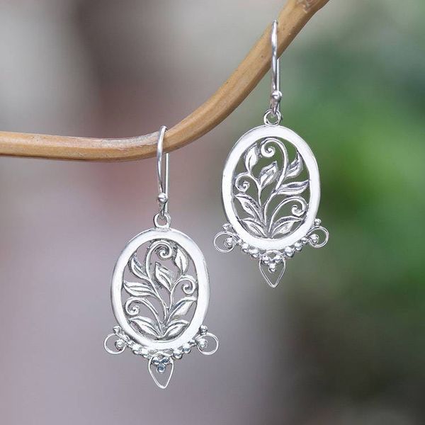 Alternate image for High-Polished Oval Leafy Sterling Silver Dangle Earrings Eden Blooms