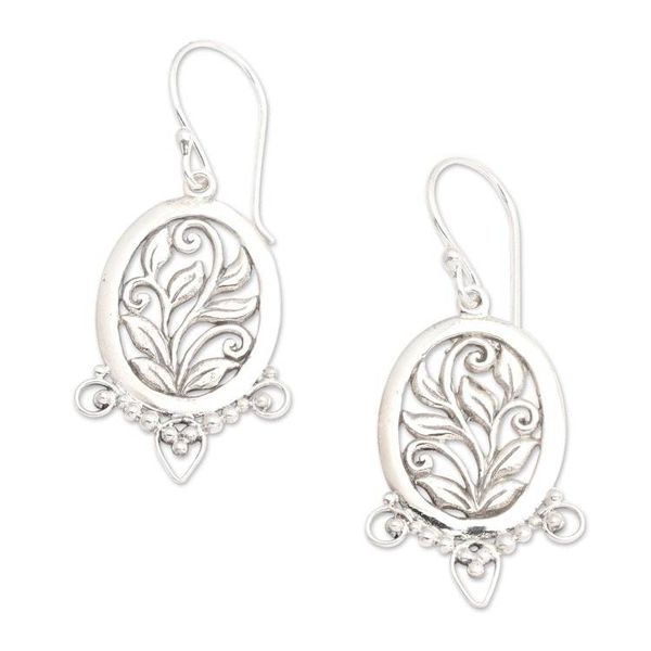Alternate image for High-Polished Oval Leafy Sterling Silver Dangle Earrings Eden Blooms