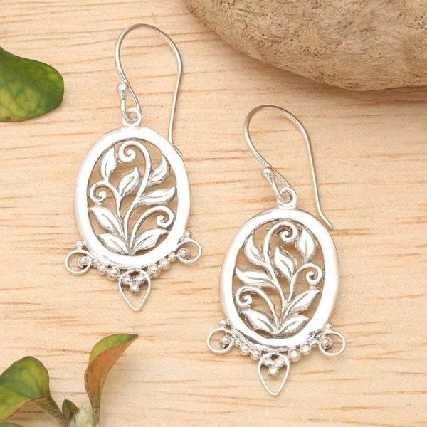 Alternate image for High-Polished Oval Leafy Sterling Silver Dangle Earrings Eden Blooms