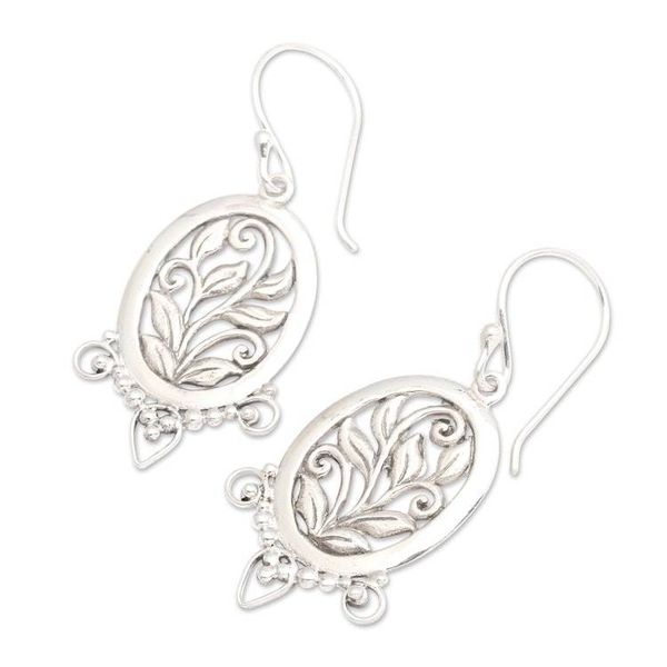 Alternate image for High-Polished Oval Leafy Sterling Silver Dangle Earrings Eden Blooms
