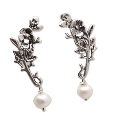 Alternate image for Sterling Silver Floral Dangle Earrings with Cultured Pearls Winter Plumeria