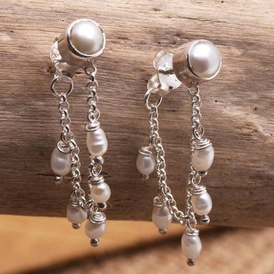 Alternate image for Sterling Silver and Cultured Pearl Dangle Earrings Pearl Lights