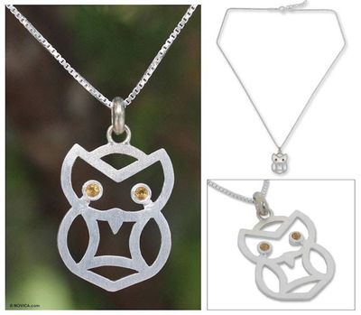 Alternate image for Hand Crafted Sterling Silver and Citrine Bird Necklace Bright Owl