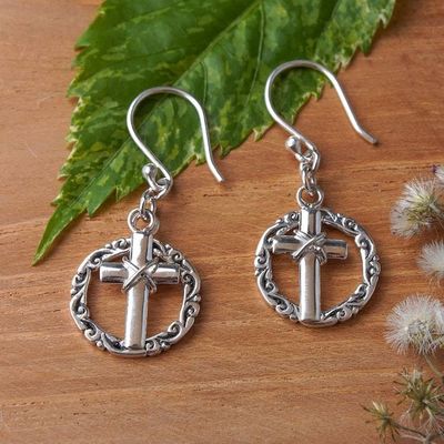 Alternate image for Sterling Silver Dangle Earrings with Cross on a Leafy Hoop Blooming Cross