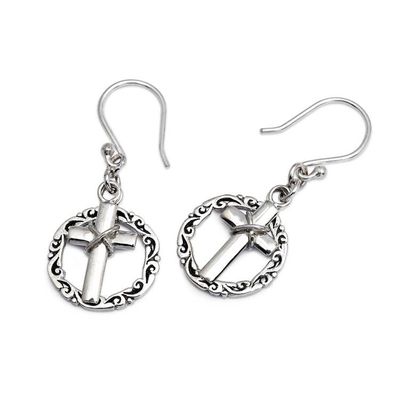 Alternate image for Sterling Silver Dangle Earrings with Cross on a Leafy Hoop Blooming Cross