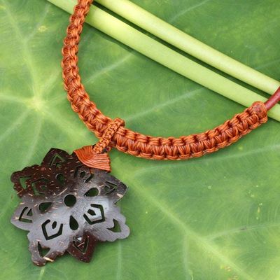 Primary image for Hand Made Leather Necklace with Coconut Shell Pendant Floral Brown
