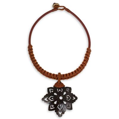 Alternate image for Hand Made Leather Necklace with Coconut Shell Pendant Floral Brown