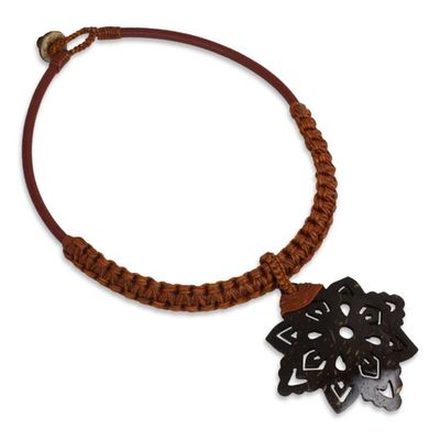 Alternate image for Hand Made Leather Necklace with Coconut Shell Pendant Floral Brown