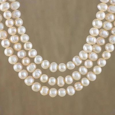 Primary image for Thai Cultured Peach Pearl Triple Strand Necklace Triple Halo