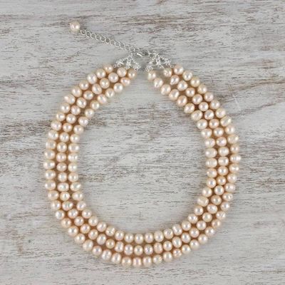 Alternate image for Thai Cultured Peach Pearl Triple Strand Necklace Triple Halo