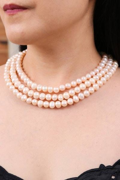 Alternate image for Thai Cultured Peach Pearl Triple Strand Necklace Triple Halo