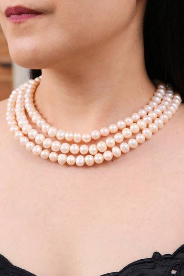 Alternate image for Thai Cultured Peach Pearl Triple Strand Necklace Triple Halo